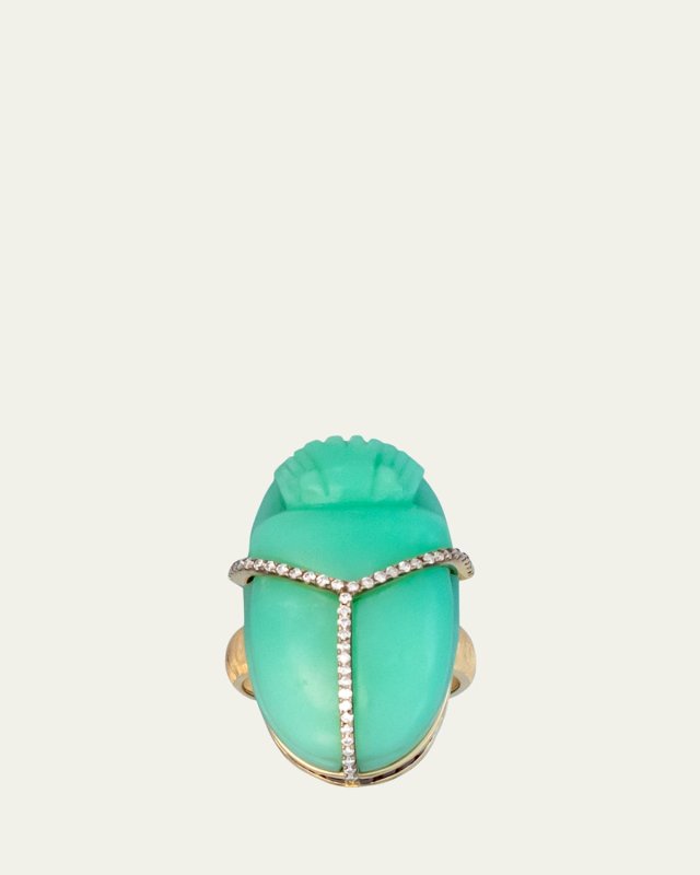 18K Yellow Gold Chrysoprase Scarab Ring with Diamonds and Rubies